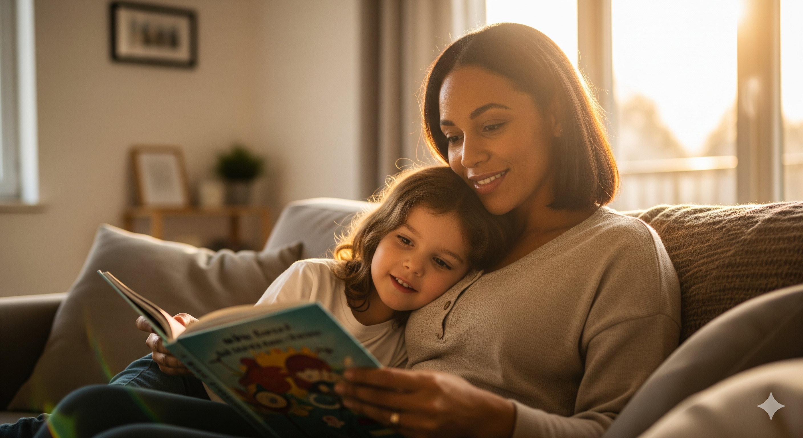 Single parent reading with child in cozy living room