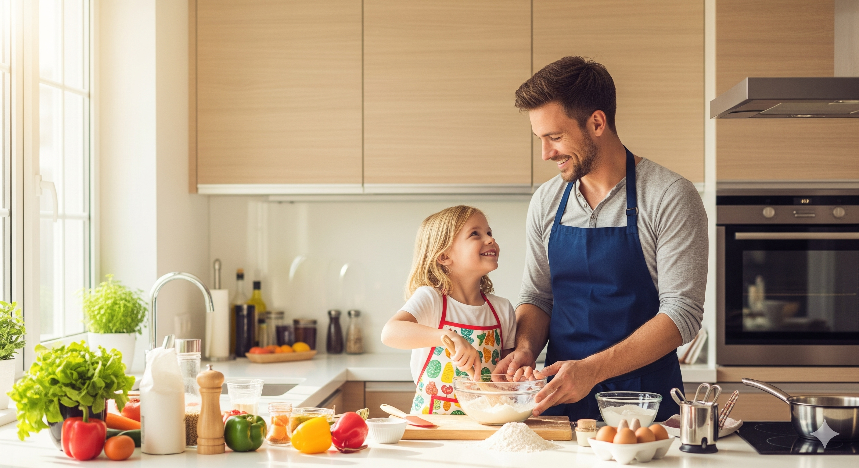Single parent and child cooking together in kitchen