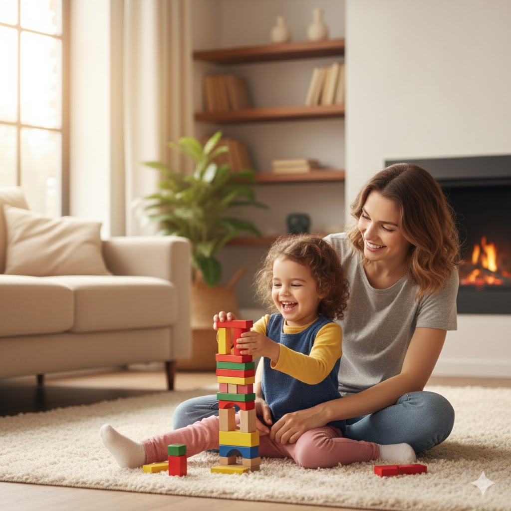 Single parent playing with child in outdoor park setting
